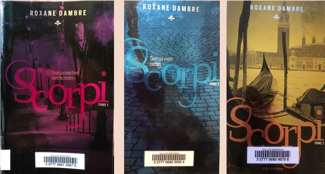 Les couvertures de 3 tomes de Scorpi, de Roxane Dambre.