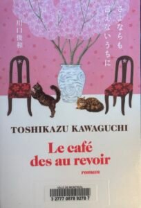 Couverture du Café des au revoir de Toshikazu Kawaguchi. Deux chats, deux chaises, un mur rose.