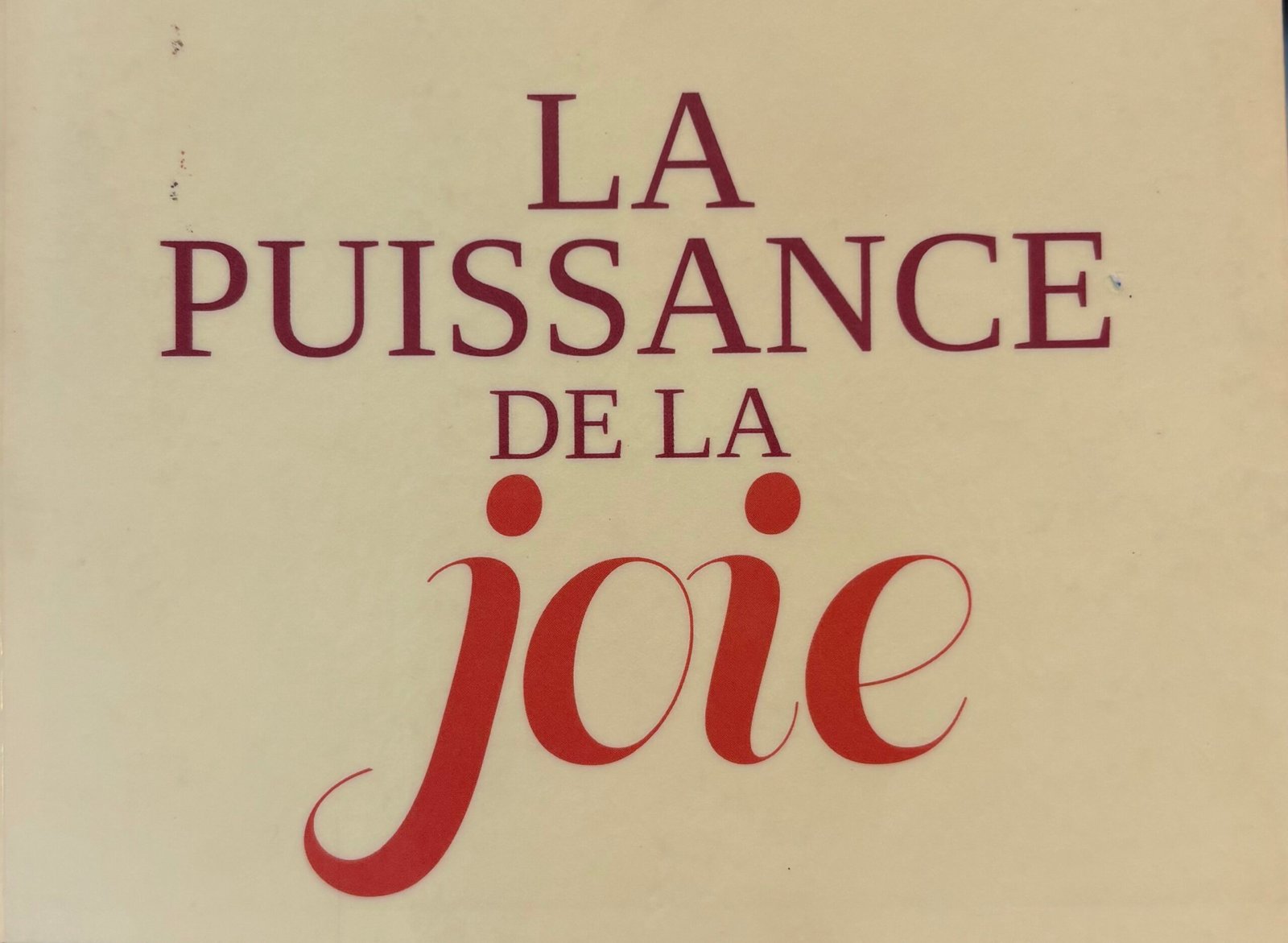 Extrait de la Couverture de La puissance de la joie par Frédéric Lenoir. texte rouge sur fond jaune.