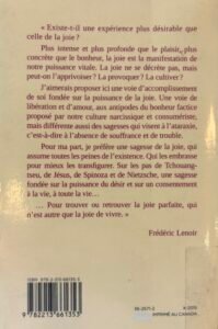 Quatrième de la Couverture de La puissance de la joie par Frédéric Lenoir. texte rouge sur fond jaune.