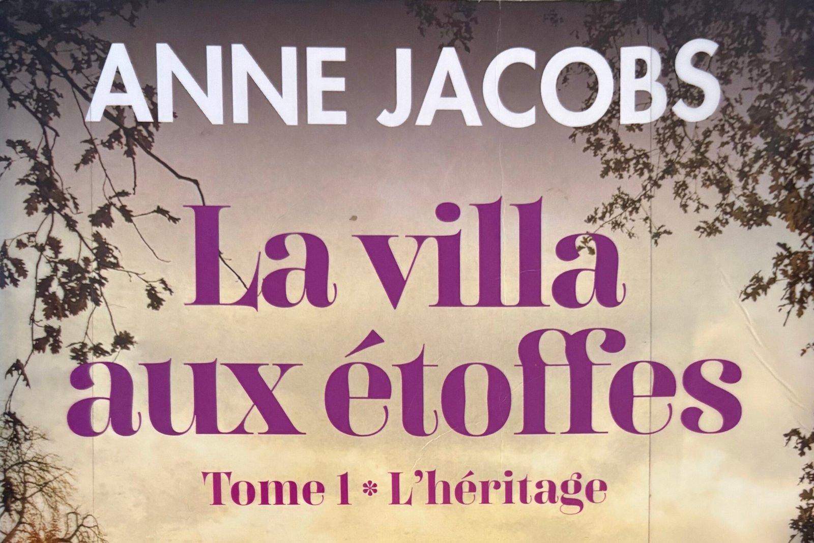 Extrait de la Couverture de La villa aux étoffes, Tome 1, L'héritage, d'Anne Jacobs. Une jeune femme de dos regarde une belle maison au fond de l'allée d'un parc.