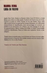 Quatrième de la Couverture de Mamma Roma écrit par Luca di Fulvio : une esquisse en noir et blanc de l'ancienne Rome, au bord du Tibre.