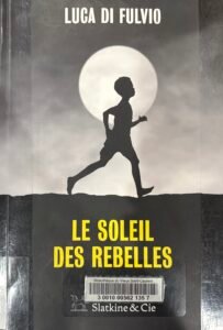Couverture de Le soleil des rebelles de Luca di Fulvio : ombre chinoise d'un jeune garçon qui court devant un soleil ou la lune dans un paysage brumeux.